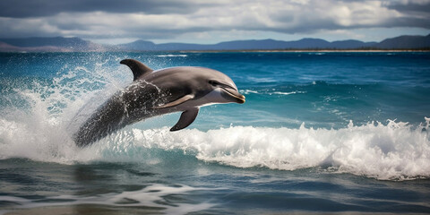 Fototapeta premium A dolphin jumps out of the sea near the shore of a tropical island. Generative AI