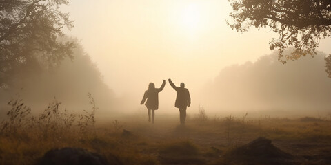 Happy elderly couple jumping high in autumn rural park, view from the back. Generative AI