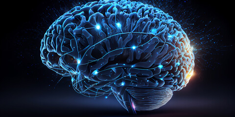 Conceptual image of the human brain in a futuristic style with glowing individual neurons and on an isolated black background. Generative AI