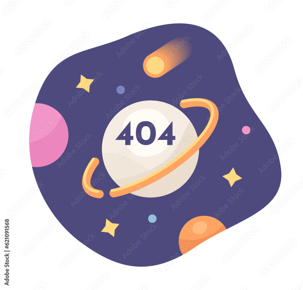 Poster universe and space exploration error 404 flash message. planet and falling asteroid. empty state ui 