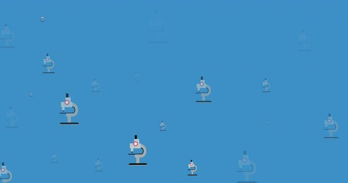 Animation of multiple microscope icons against blue background with copy space