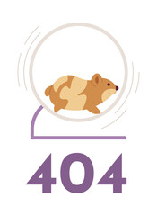 Cute hamster fast running in wheel error 404 flash message. Empty state ui design. Page not found popup cartoon image. Vector flat illustration concept on white background