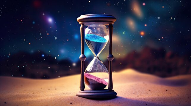 Abstract illustration of hourglass against the backdrop of the cosmos. Concept of elusive time, transience, and fleetingness of life. AI generated