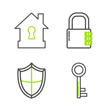 Set Line Key, Shield, Safe Combination Lock And House Under Protection Icon. Vector