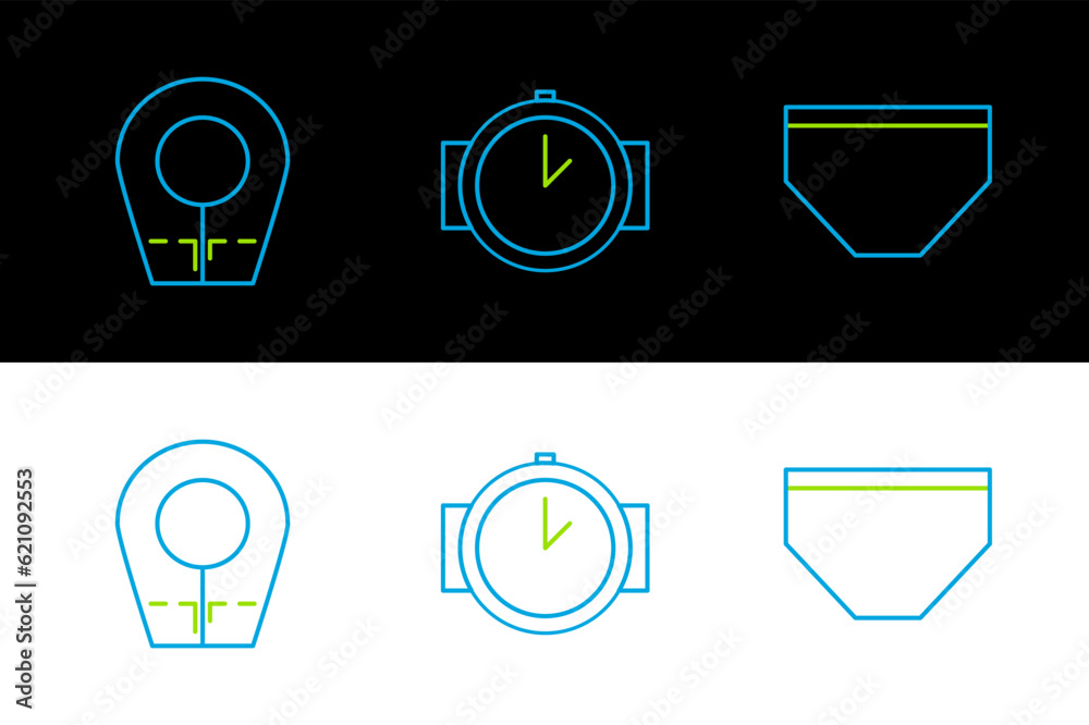 Wall mural Set line Swimming trunks, Diving hood and watch icon. Vector