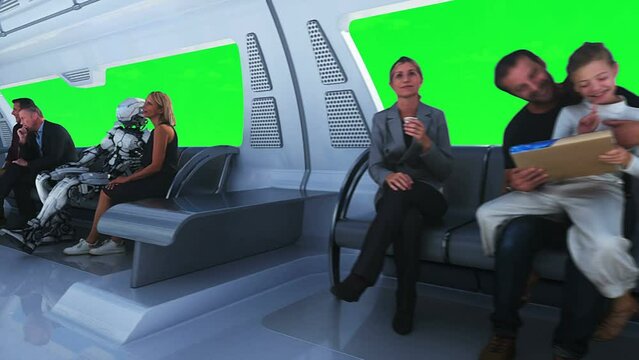 3d people and robots. Flying passenger train. Utopia. concept of the future.Green screen. Realistic 4k animation.