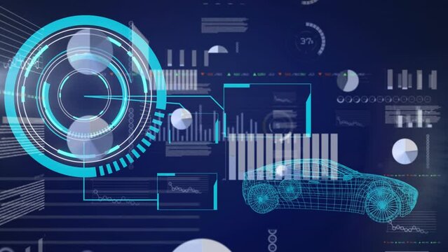 Animation of neon round scanner over interface with data processing against spinning car model