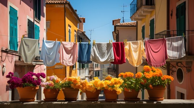 Fototapeta Cloths lying on a street in an Italian city with flower pots in the foreground