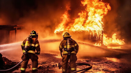 Naklejka premium firefighters put out a burning building. burning building. fire in the room.