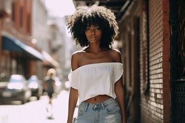 Fototapeta na wymiar Portrait of afro american woman at summer walking enjoy.