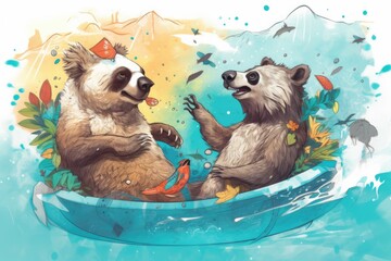 An illustration of a sloth and a koala having fun together in the summer. Conceptual images of summertime beach, sea, and pool activities