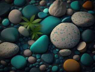 tropical scene with some blue leaves and stones, in the style of dark teal and dark black