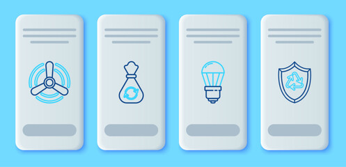 Set line Garbage bag with recycle, LED light bulb, Wind turbine and Recycle symbol inside shield icon. Vector