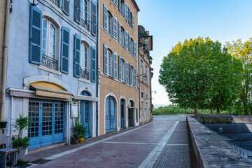 Street with beautiful and old buildings in the tourist town of Pau, Pyrenees, France.