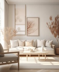 modern minimalist living room interior with abstract paintings and beige furniture