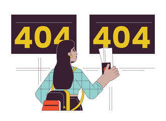 Airport departure cancelled flights error 404 flash message. Travel accident. Empty state ui design. Page not found popup cartoon image. Vector flat illustration concept on white background
