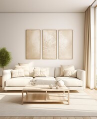 Fototapeta premium living room with a couch and paintings on the wall