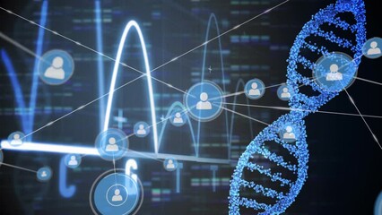 Animation of network of profile icons, heart rate monitor and dna structure against mosaic squares - Powered by Adobe