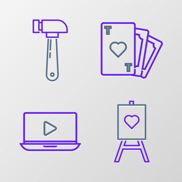 Set line Wood easel or painting art boards, Online play video, Playing card with heart symbol and Hammer icon. Vector