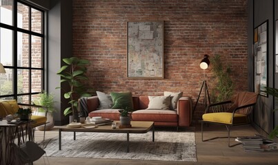 Modern house interior with designer cafe sofa, brick walls, tables and accessories. plants in the room Abstract painting.