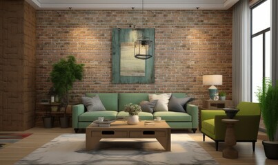 modern living room interior with green sofa, plants, brick wall, wooden coffee table