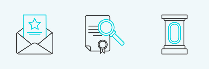 Set line Stage stand or debate podium rostrum, The arrest warrant and Document with search icon. Vector