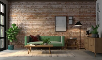 Modern living room with green furniture and brick walls, plants, warm lighting, lamps on