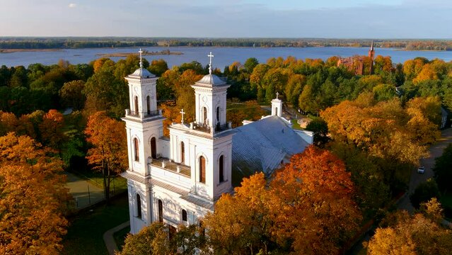 Beautiful aerial view of St. John the Baptist's Church in Birzai, Lithuania.