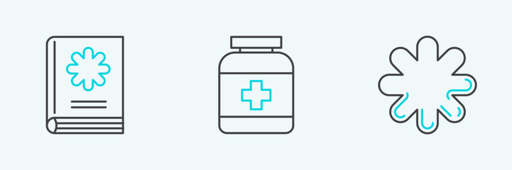 Set line Cross hospital medical, Medical book and Medicine bottle icon. Vector