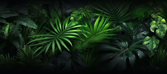 Tropical green leaves on dark background, nature summer forest plant