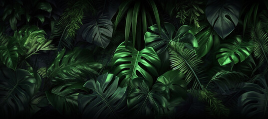 Naklejka na ściany i meble Tropical green leaves on dark background, nature summer forest plant