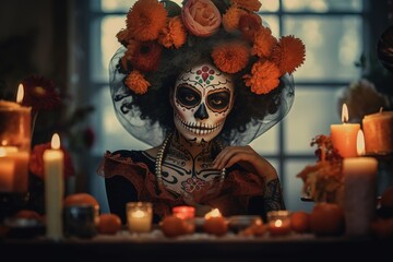 Dia de los muertos. Day of The Dead. Woman with sugar skull makeup on a floral background. Calavera Catrina. Halloween.