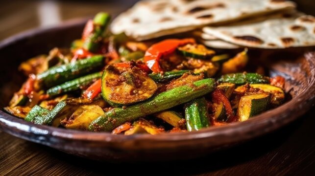 Bhindi masala, also known as ladies finger fry, is served with a spicy stew of mixed veggies and Indian naan.