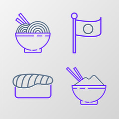 Set line Rice in a bowl with chopstick, Sushi, National flag of Japan on pole and Asian noodles and chopsticks icon. Vector