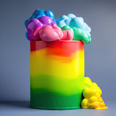 Rainbow color foam in colorful jar on grey background. Painted pink, blue, green, yellow polyurethane foam. AI generative art - obrazy, fototapety, plakaty