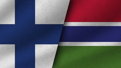 Gambia and Finland Realistic Two Flags Together, 3D Illustration