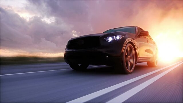Luxury black car on highway. Very fast driving.