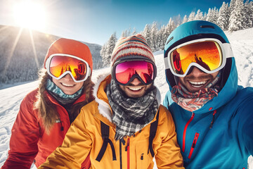 Portrait of group of friends with skis and snowboards on winter holidays. Generative ai image
