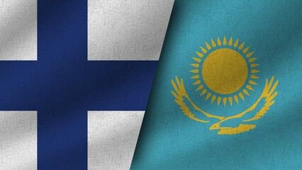 Kazakhstan and Finland Realistic Two Flags Together, 3D Illustration