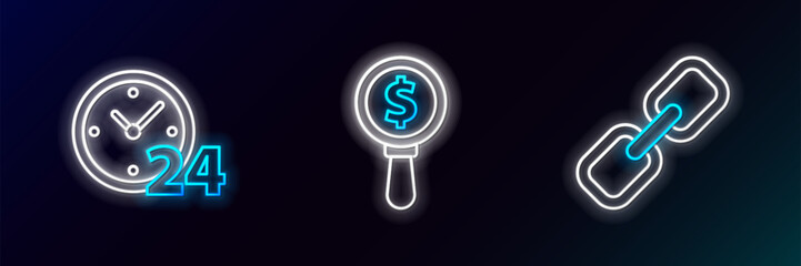 Set line Chain link, Clock 24 hours and Magnifying glass and dollar icon. Glowing neon. Vector