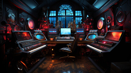 A futuristic music studio with neon color, a mixing console, and instruments that glow in rhythm with the music