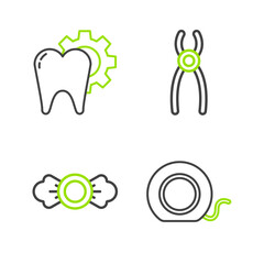 Set line Dental floss, Candy, pliers and Tooth treatment procedure icon. Vector