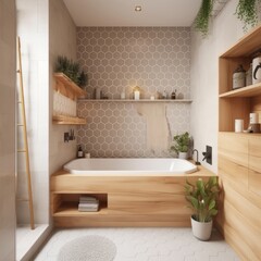 Modern bathroom interior with bathtub and wooden stand, gray walls, plants, wooden shelves and shelves