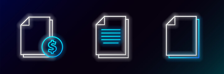 Set line Document, Finance document and icon. Glowing neon. Vector