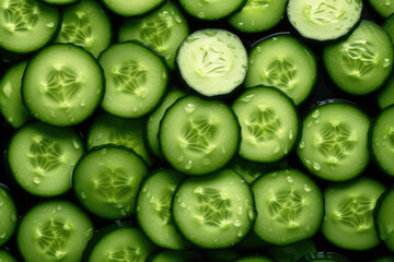 Fototapeta na wymiar Abstract background of green cucumber slices. Top view. Generative AI