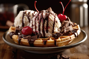 A scoop of ice cream, drizzled with syrup and topped with a cherry on a waffle cone. Generative AI