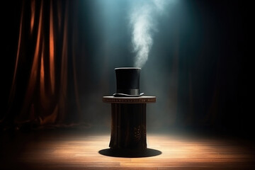 Magic show. Top hat on a table. Dark and mysterious atmosphere. Generative AI - obrazy, fototapety, plakaty