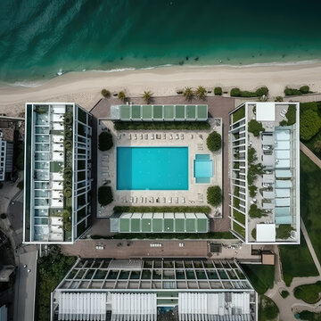 Top aerial view on modern buildings on sea beach. Pool, relax landscape, architecture on seascape background. AI generative