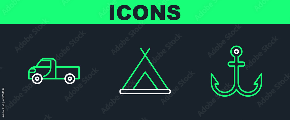 Sticker set line anchor, pickup truck and tourist tent icon. vector