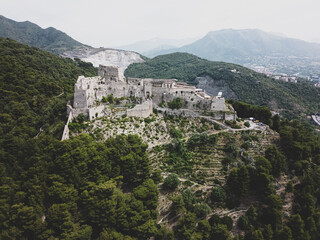 aerial view from the drone of the beautiful Aragonese castle of ARECHI of Salerno